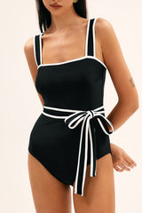 Black Contrast Edge Belted One Piece Swimsuit