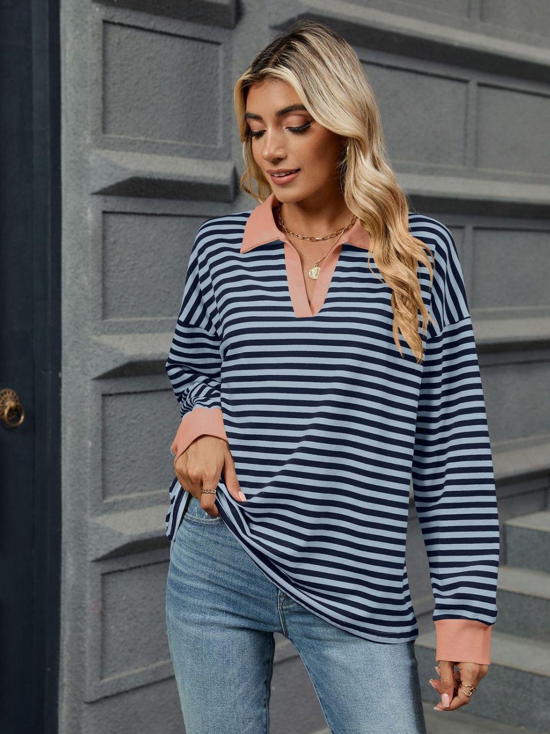 Striped Jnny Collar Long Sleeve Sweatshirt