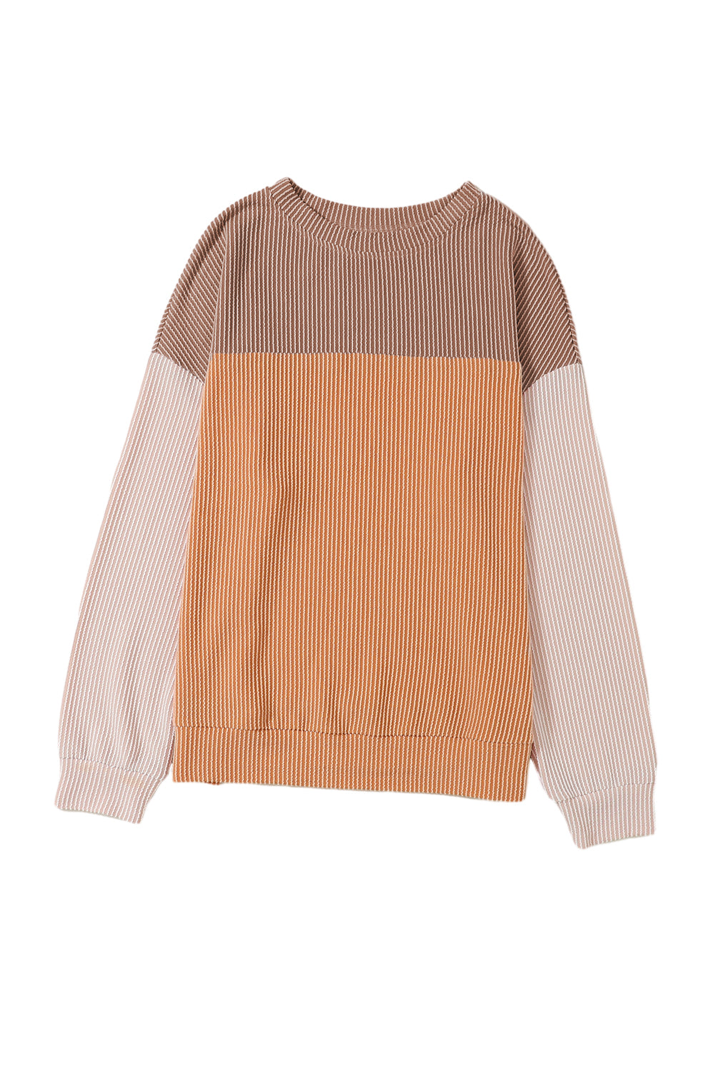 Khaki Color Block Ribbed Loose Long Sleeve Top