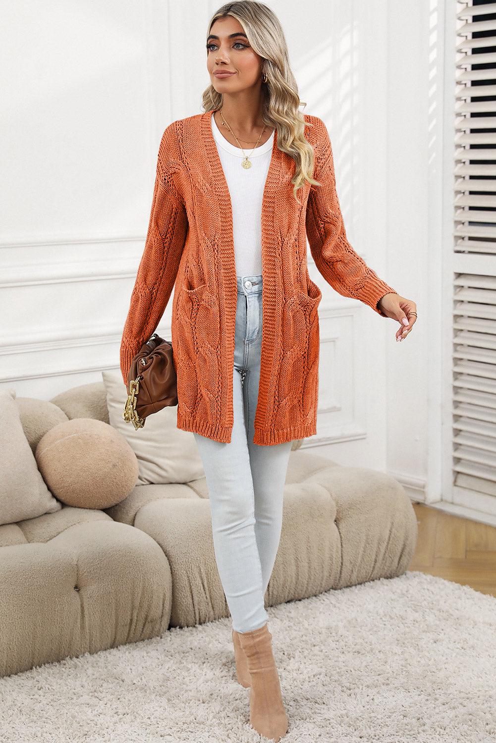 Khaki Ribbed Trim Hollow Knit Side Slits Cardigan