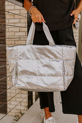 Silvery Solid Color Zipper Puffer Large Tote Bag