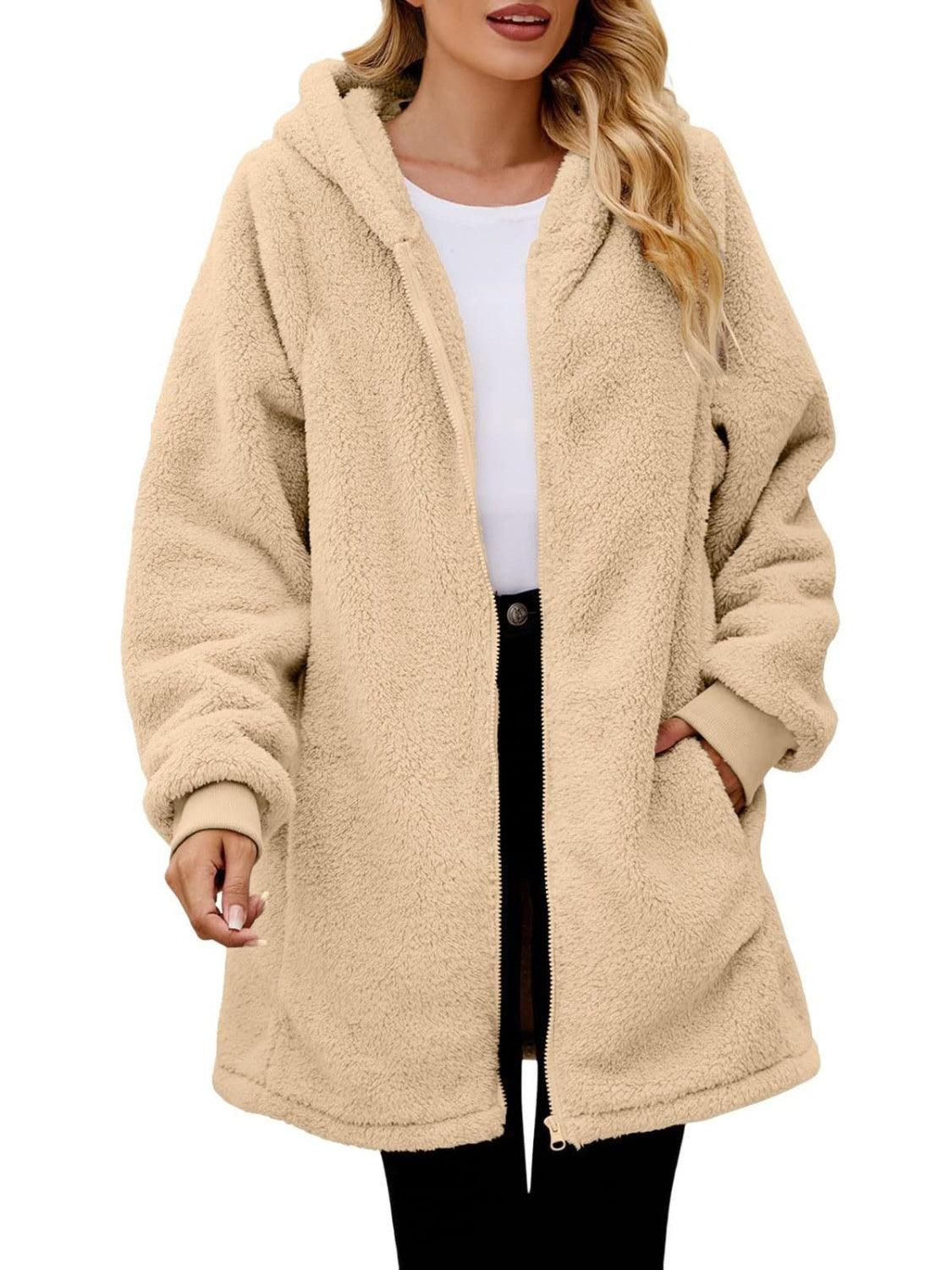 Fuzzy Pocketed Zip Up Long Sleeve Hooded Jacket - PD SECRET REALM