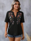 Embroidered Notched Short Sleeve T-Shirt - PD SECRET REALM