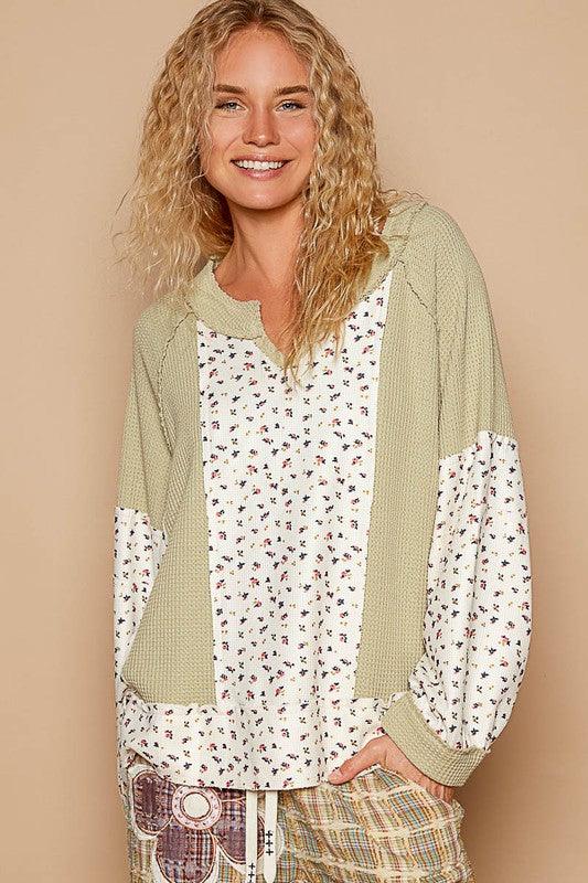 Waffle Knit Floral Notched Long Sleeve Top - PD SECRET REALM