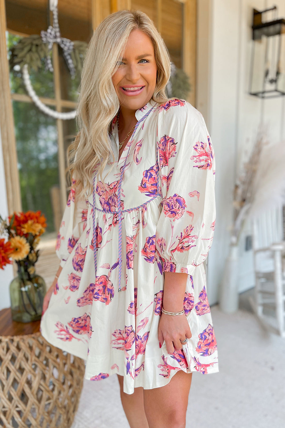 Pink Floral Print Balloon Sleeve V Neck Mini Dress