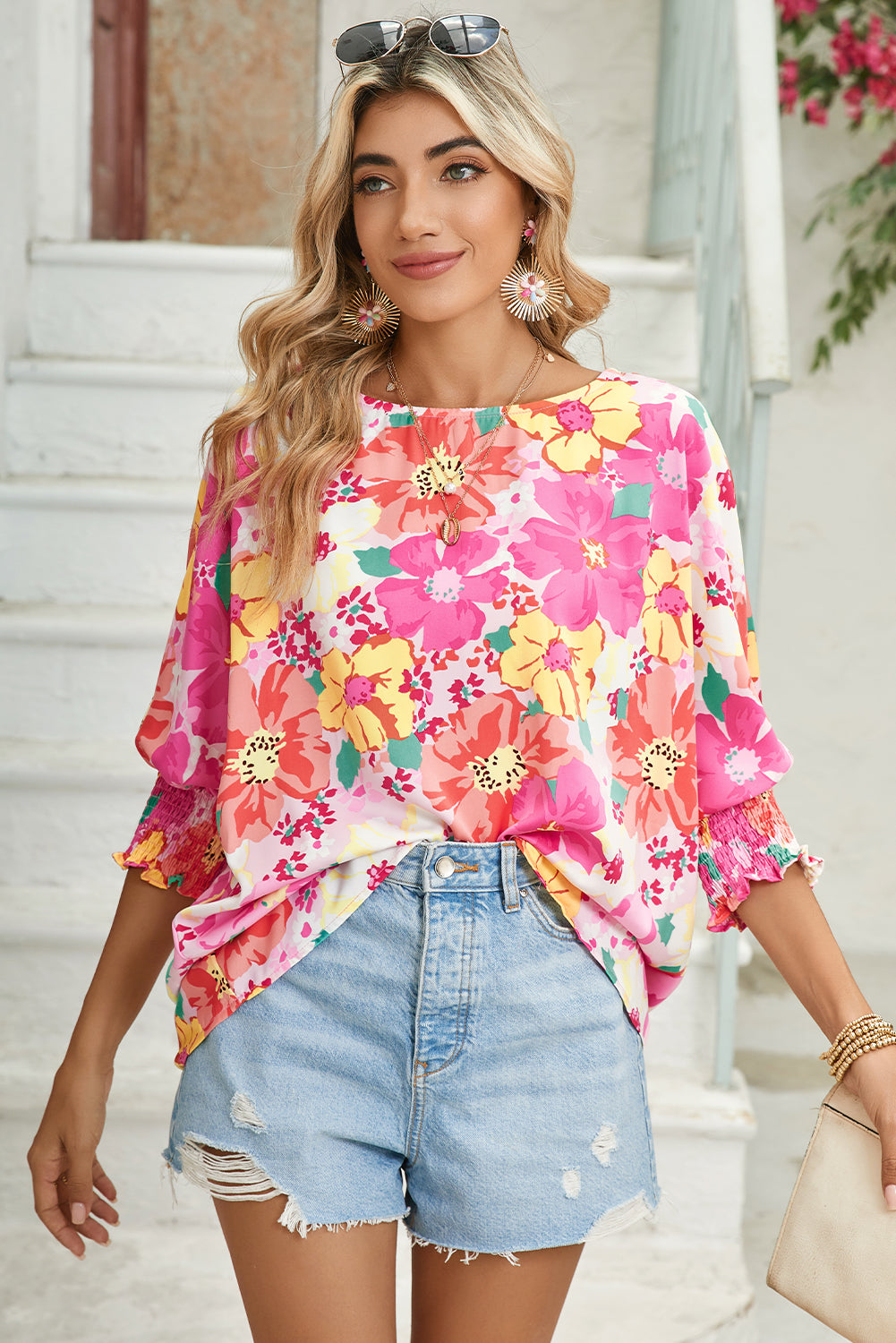 Pink Shirred Cuffs 3/4 Sleeve Boho Floral Blouse