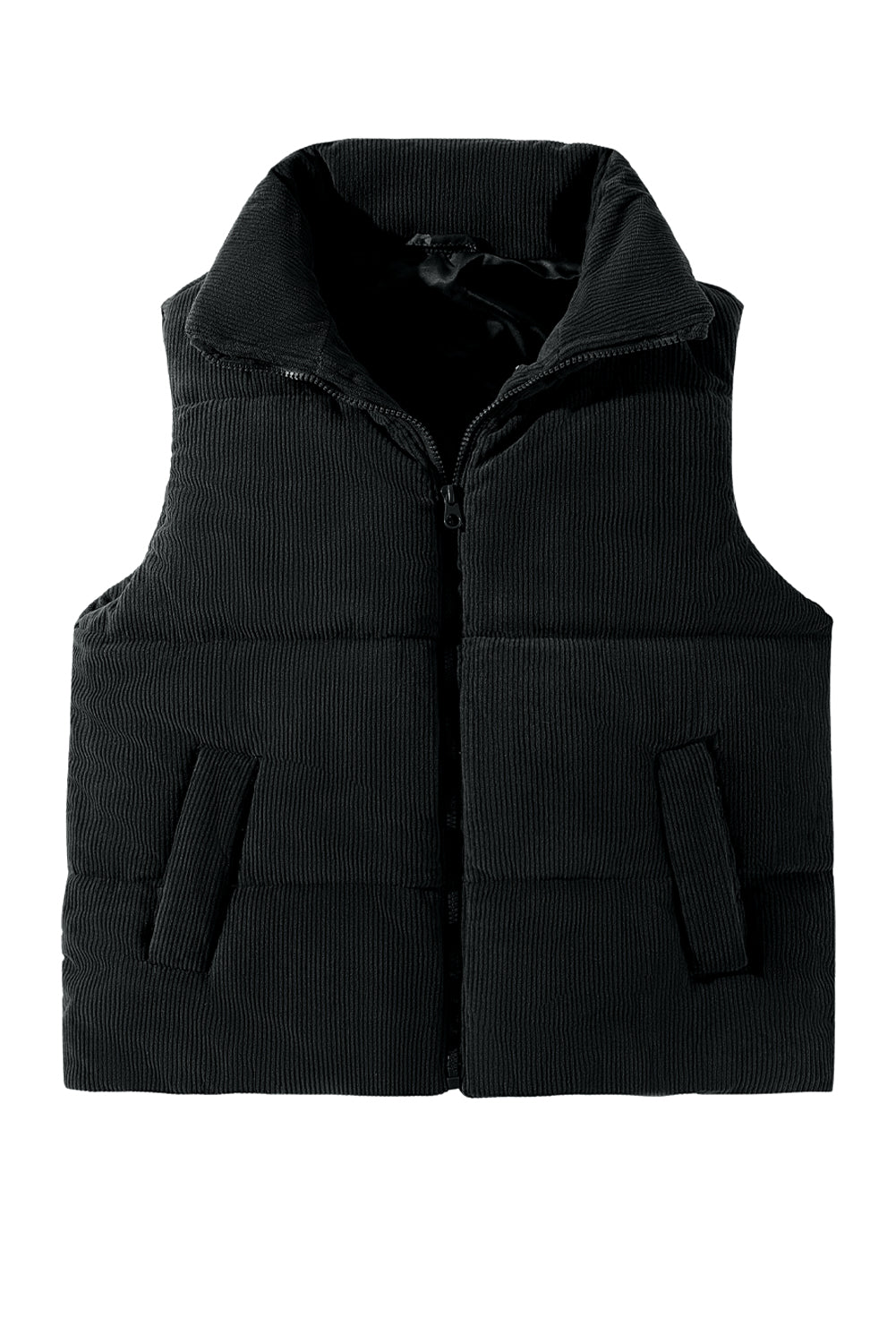 Coffee Solid Color Corduroy Puffer Vest Coat