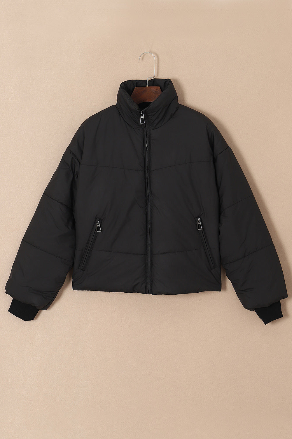 Brown Solid Zip Up Pocketed Puffer Coat