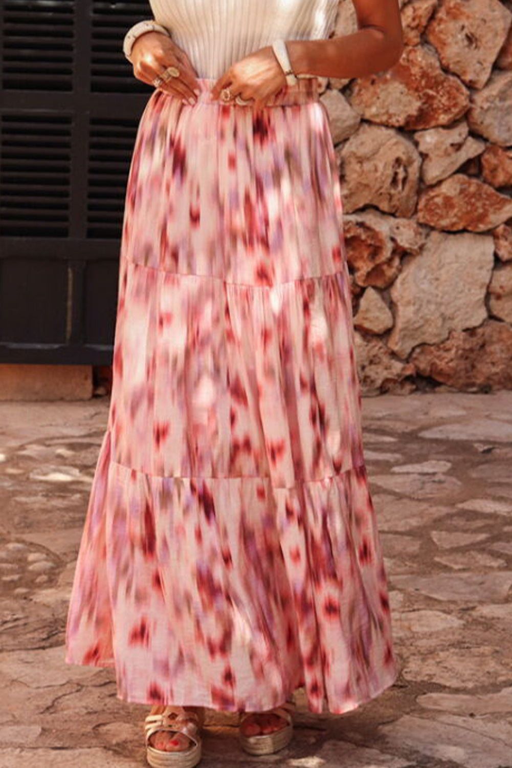 Pink Abstract Watercolor Tie Dye Tiered Maxi Skirt