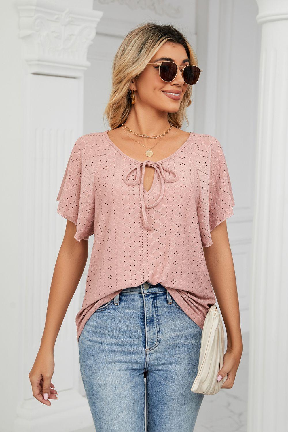 Eyelet Tie-Neck Flutter Sleeve Top