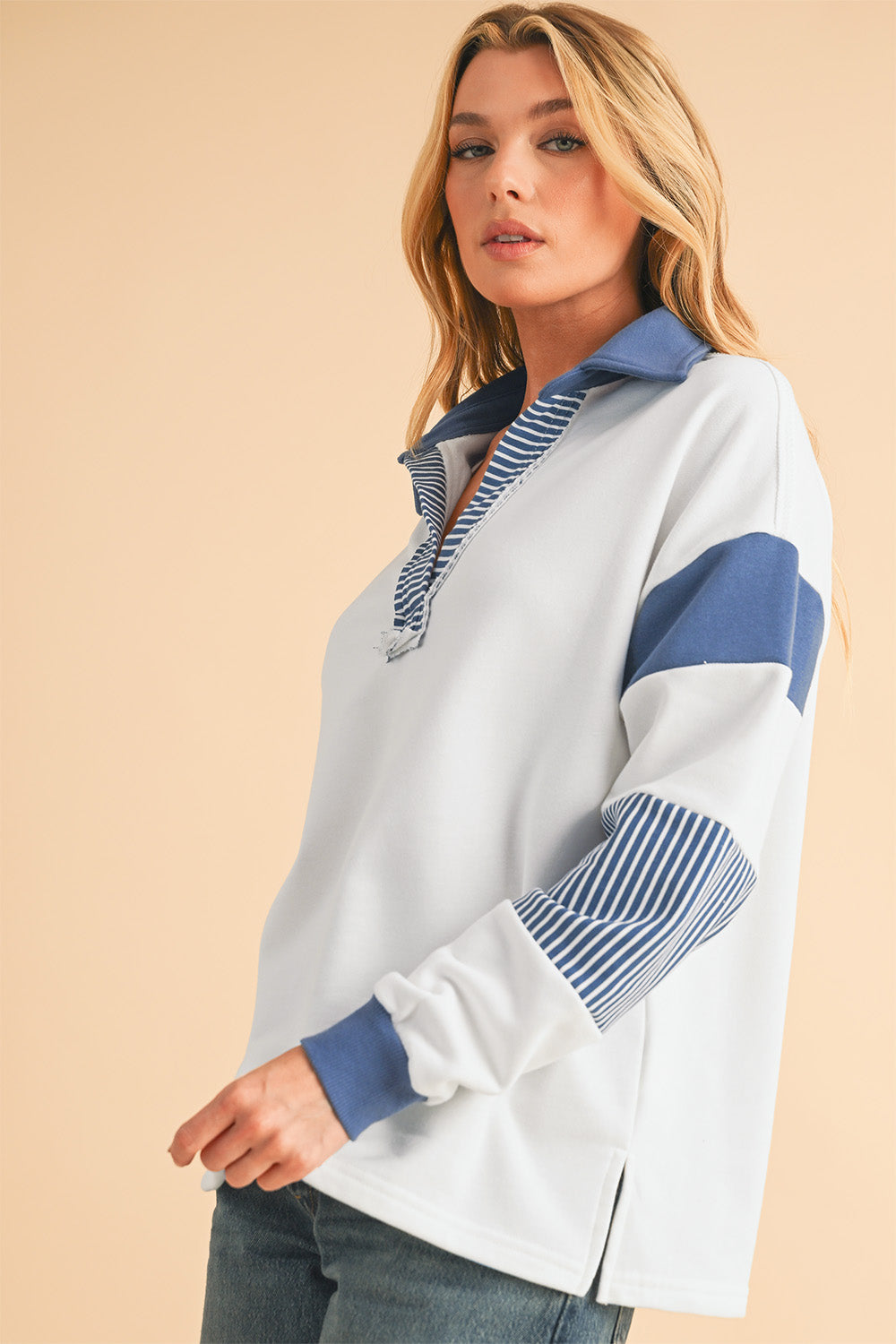 Sail Blue Striped Patchwork Collar Sweatshirt