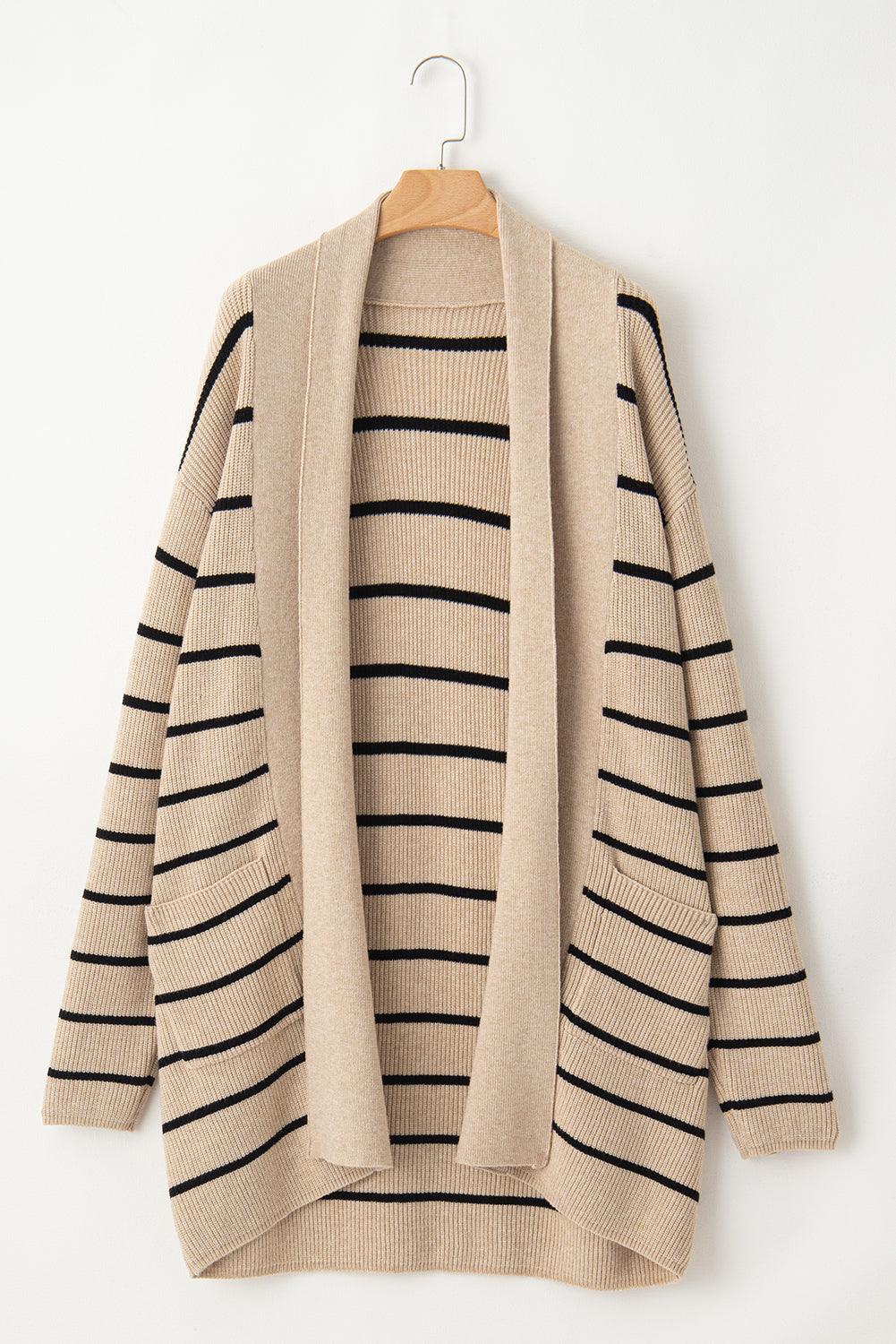 Black Stripe Side Pockets Open Front Cardigan