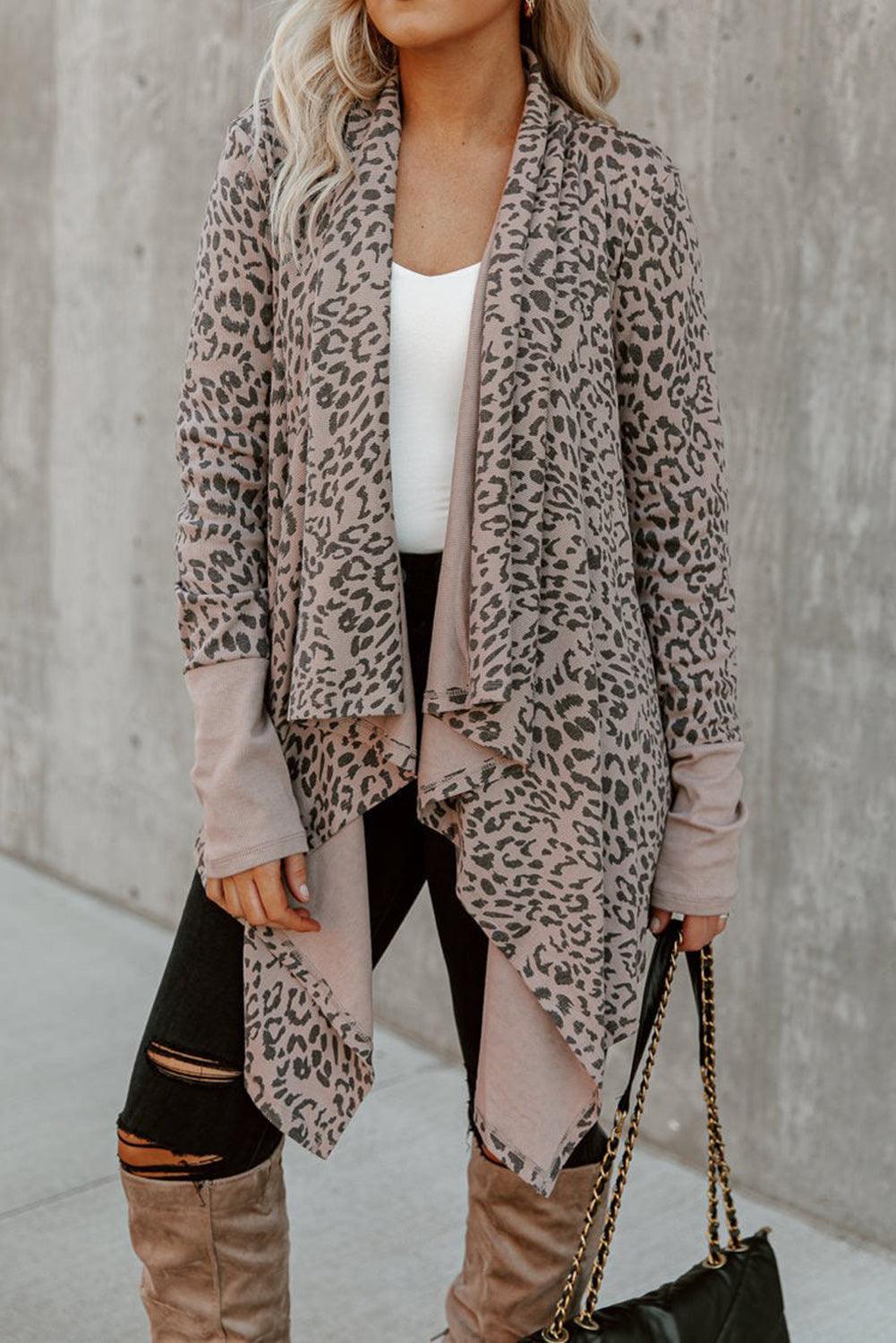 Cheetah Print Cowl Neck Open Front Long Cardigan