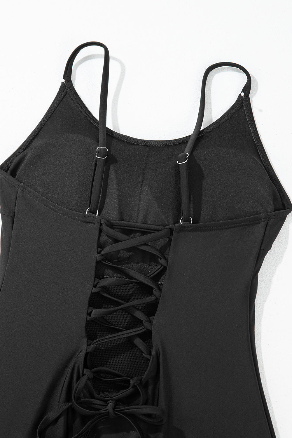 Black Thin Strap Strappy Lace-up Backless One Piece Swimsuit