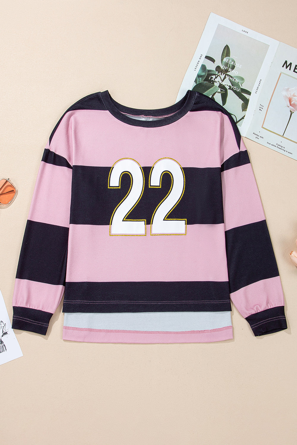 Pink Stripe Colorblock 22 Graphic Long Sleeve Top