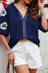 Navy Blue Embroidered Flower V Neck Elegant Half Sleeve Blouse