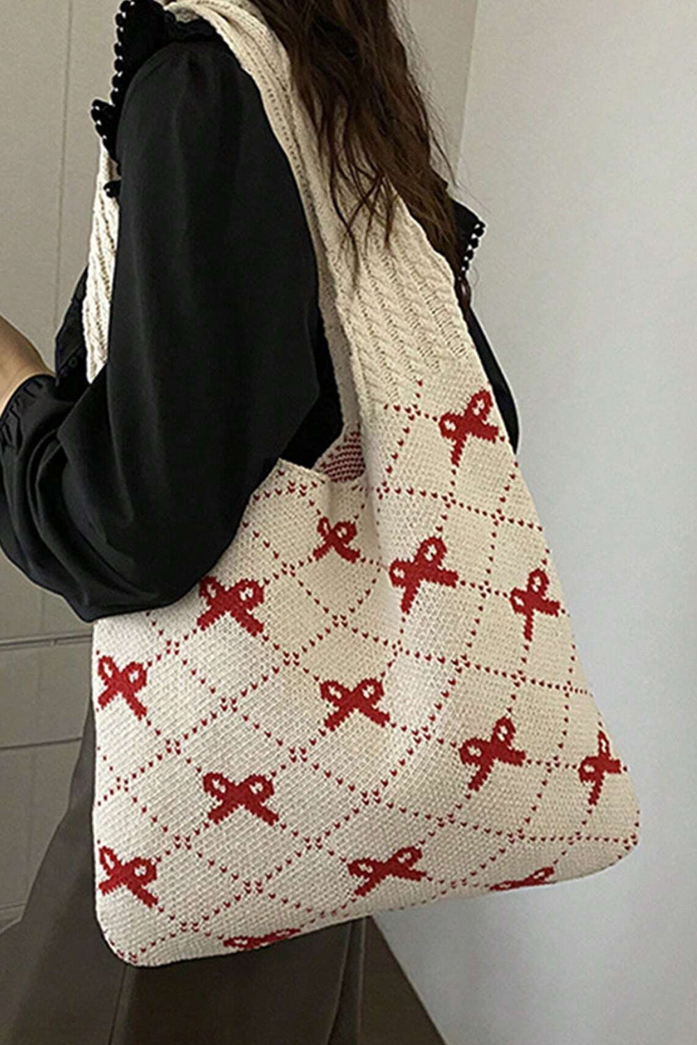 Fiery Red Bow Argyle Pattern Cable Knit Shoulder Bag