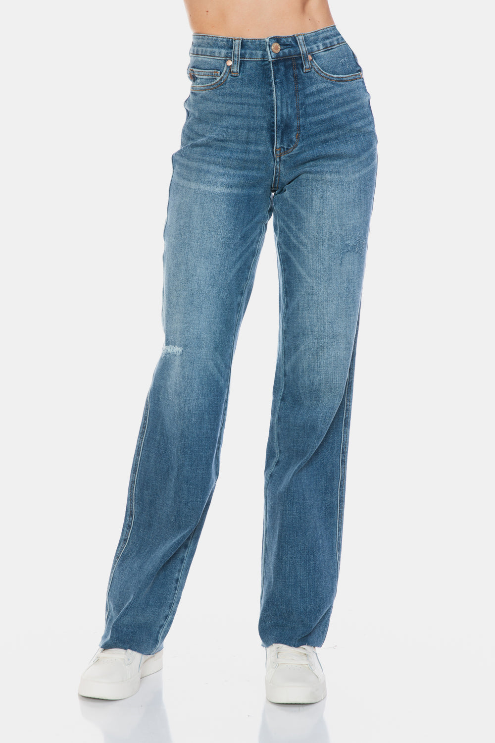 Full Size Tummy Control Cut Raw Hem Straight Jeans