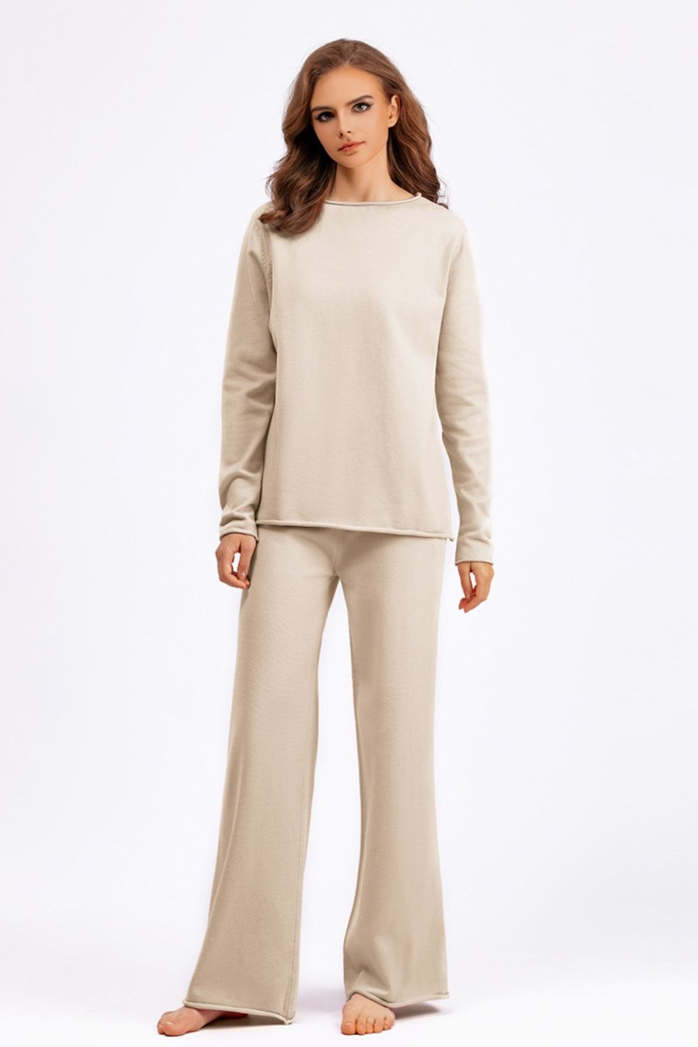 Basic Bae Rolled Round Neck Top and Pants Sweater Set