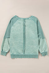 Mineral Blue Waffle Patchwork Raglan Sleeve Exposed Seam Sweatshirt