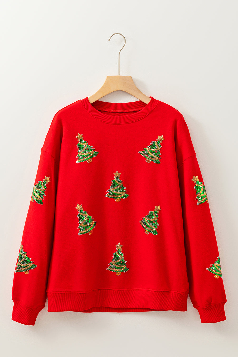 Red Sequin Christmas Tree Graphic Drop Shoulder Sweatshirt