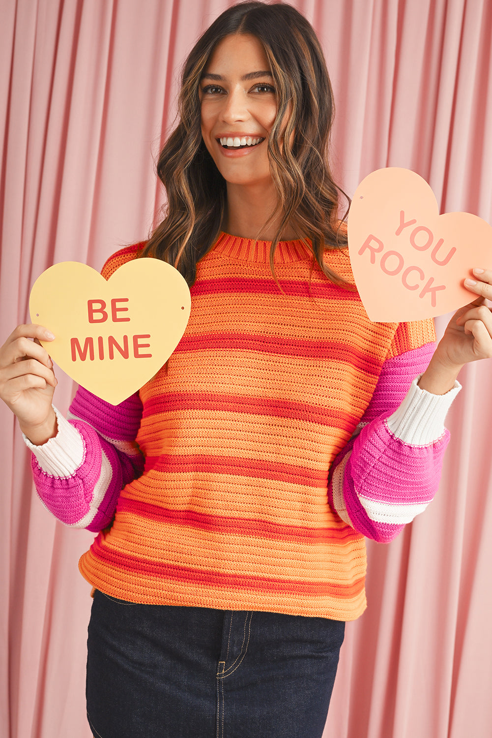 Orange Striped Colorblock Puff Sleeve Sweater