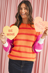 Orange Striped Colorblock Puff Sleeve Sweater